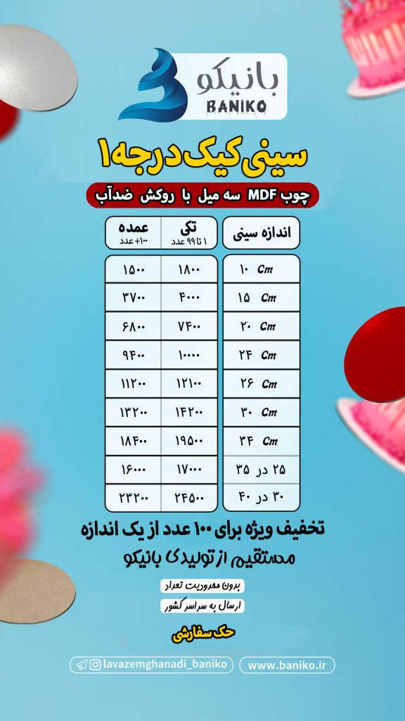 جدول قیمت سینی کیک درجه ۱ ضدآب