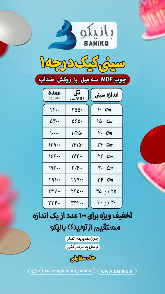جدول قیمت سینی کیک درجه ۱ ضدآب تولیدی لوازم قنادی بانیکو
