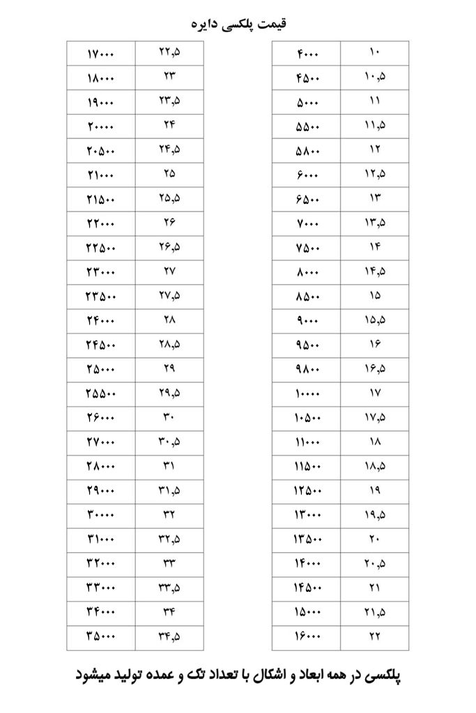 جدول قیمت پلکسی کیک دایره